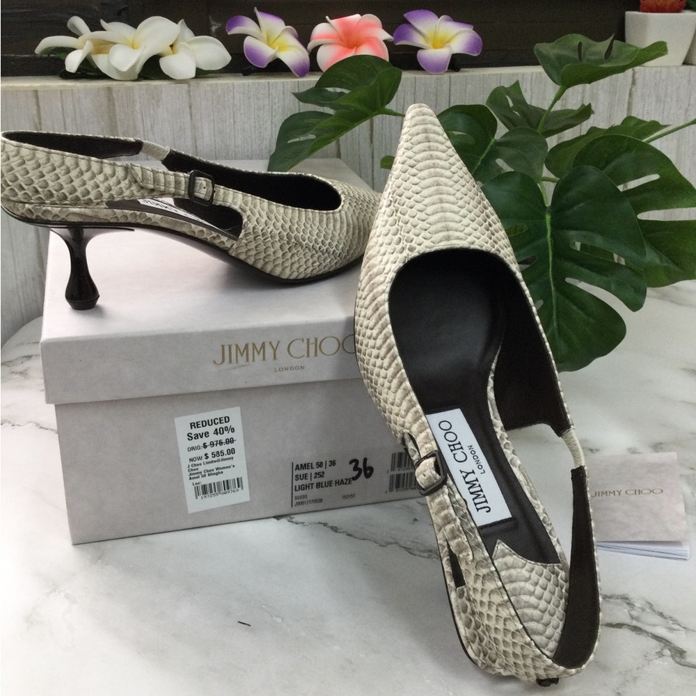 NIB Jimmy Choo Women's Cream Snake-Embossed Slingback Pumps